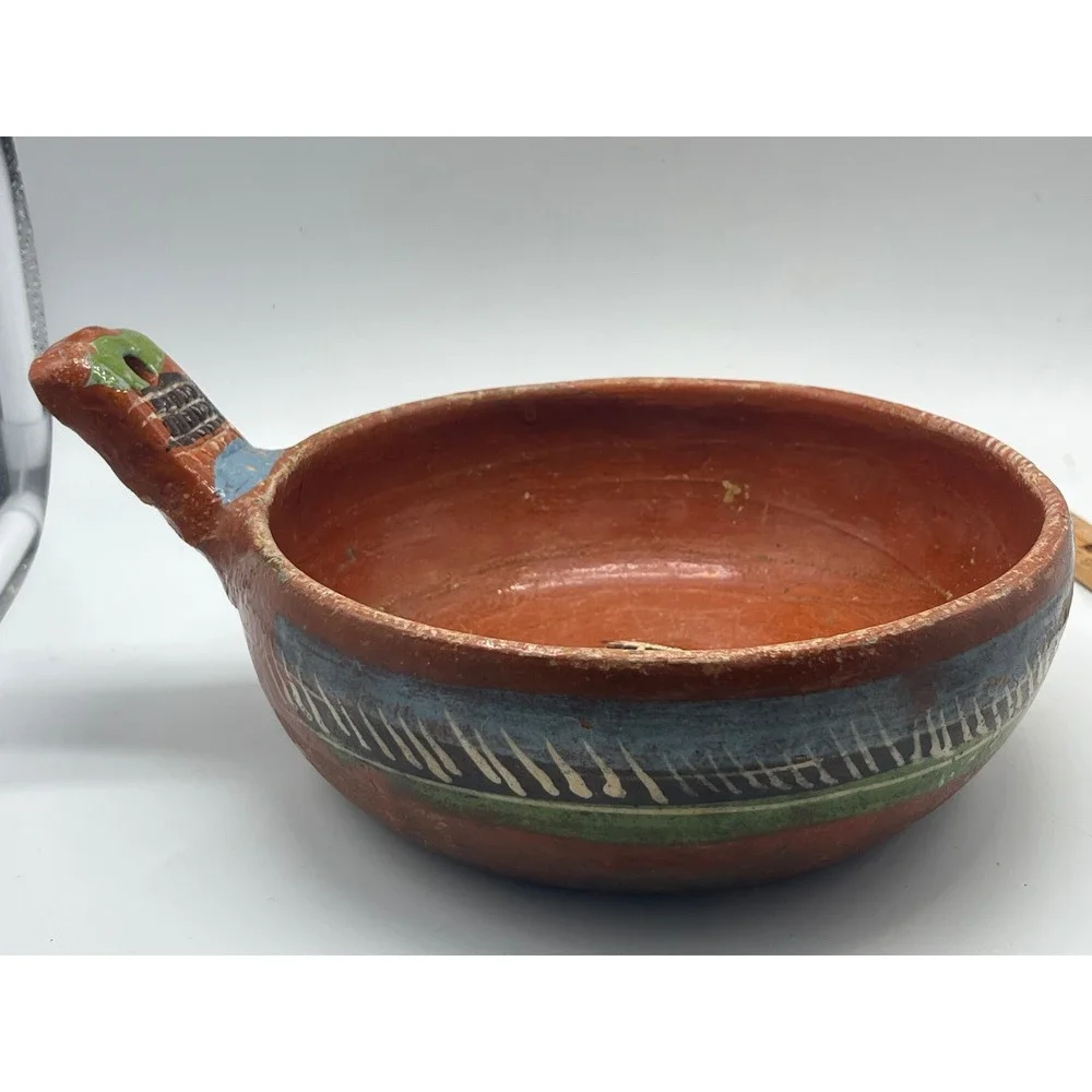 Vintage HECHO EN MEXICO Redware Pottery‎ Serving Bowl Hand-made Painted